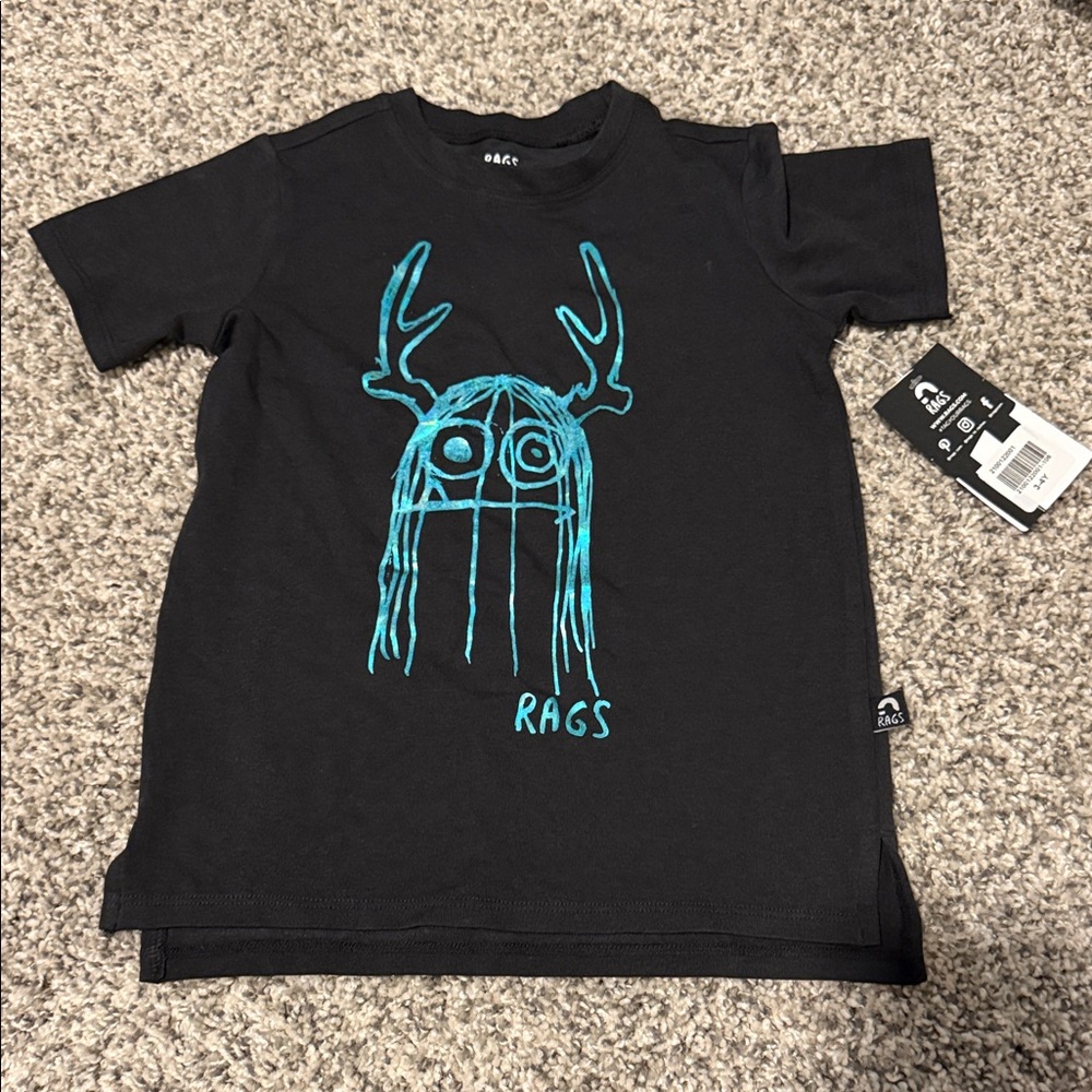 Rags to Raches Black Tee with Teal Monster Graphic